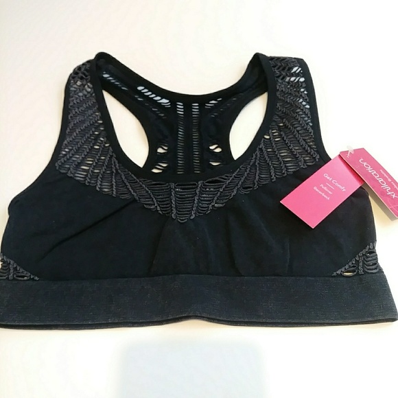 Xhilaration Macrame Sports Bra Seamless Racerback Acid Wash  Black XS - Picture 3 of 4